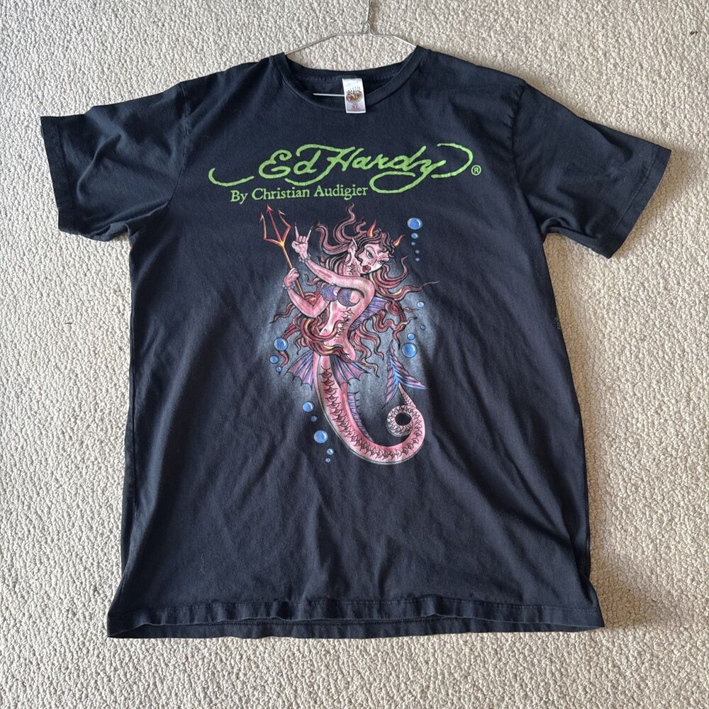 Ed Hardy Christian Audigier Devil Mermaid Graphic T-Shirt Black USA | Men's XL - Picture 10 of 10